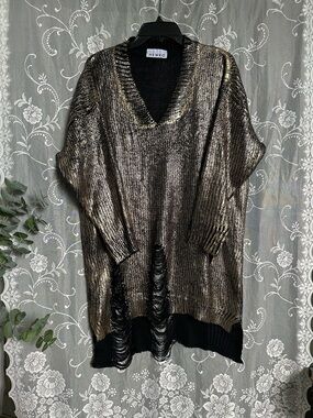Kate Hewko Metallic Gold V-Neck Distressed Sweater Tunic
